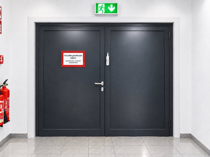 Brandschutztür mit Fluchtwegschild und Hinweisschild – im Notfall selbstschließend