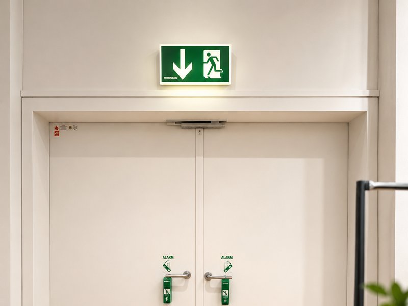 Fluchttür mit beleuchtetem Notausgangsschild und Alarm-Panikstangen – auch relevant für Brandschutztüren