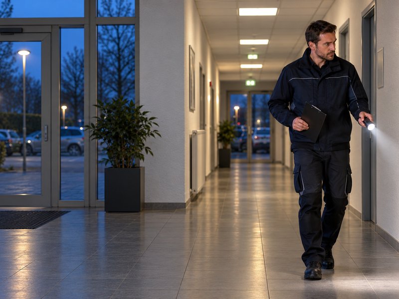 Kontrollgang in leerstehendem Gewerbeobjekt bei Dunkelheit – Techniker mit Taschenlampe