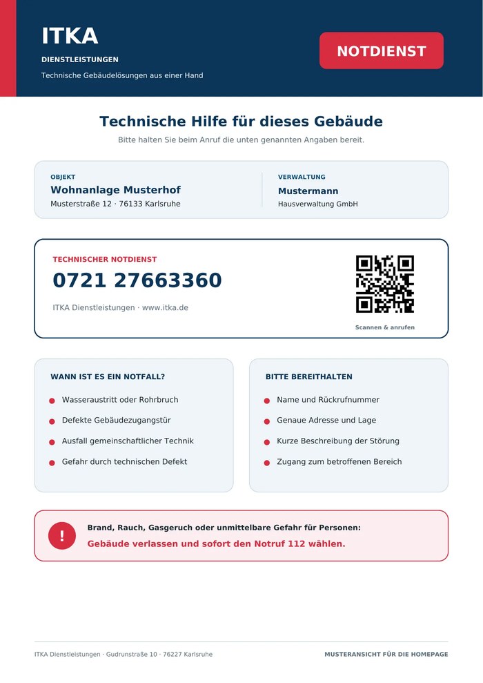 Muster des ITKA Notdienst-Aushangs für Gewerbeobjekte